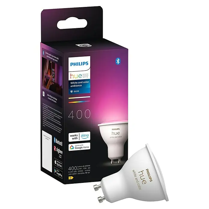 Philips Hue Smart-LED-Lampe White & Color Ambiance - GU10, Dimmbar, RGBW, 400 lm, 4,2 W, 1 Stk. - Produktfoto einer Philips Hue GU10 Lampe für stimmungsvolle, smarte Beleuchtung mit Farbwechselfunktion und Steuerung per App.