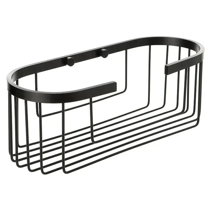 Tatay Aluminium Cesta de baño oval - 12 x 30 x 11,5 cm, Negro - En la imagen se muestra una cesta de ducha rectangular de alambre metálico negro con esquinas redondeadas. Un accesorio de baño práctico.