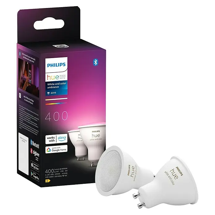 Philips Hue Smart-LED-Lampe White & Color Ambiance - GU10, Dimmbar, RGBW, 400 lm, 4,2 W, 2 Stk. - Produktaufnahme: Philips Hue GU10 Weiß- und Farbambiente-Lampen mit Bluetooth-Steuerung und Zigbee Konnektivität.
