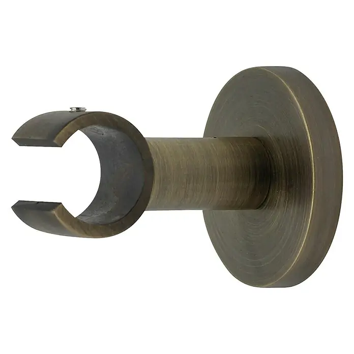 Expo Ambiente Deckenträger Klassik - Brüniert, Geeignet für: Gardinenstangen Ø 20 mm - Nahaufnahme einer bronzefarbenen Gardinenstangenhalterung mit Schraube und Wandbefestigung für die Montage von Gardinenstangen.