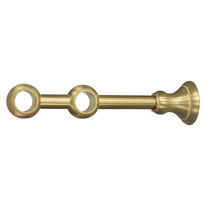 Expo Ambiente Doppelträger Victory - Messingoptik matt, Geeignet für: Gardinenstangen Ø 20 mm, Länge: 19,6 cm - Nahaufnahme einer Doppelgardinenstange aus Messing, die auf einer Wand montiert wird und ein elegantes Design aufweist.