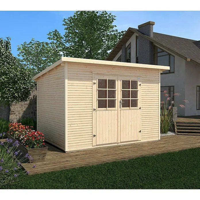 Weka wekaLine Gerätehaus Gr. 3319 x 334 cm, Wandstärke: 28 mm, Natur - Holzgartenhaus mit Doppeltür und Flachdach auf einer Holzterrasse vor einem Wohnhaus, umgeben von Grün.