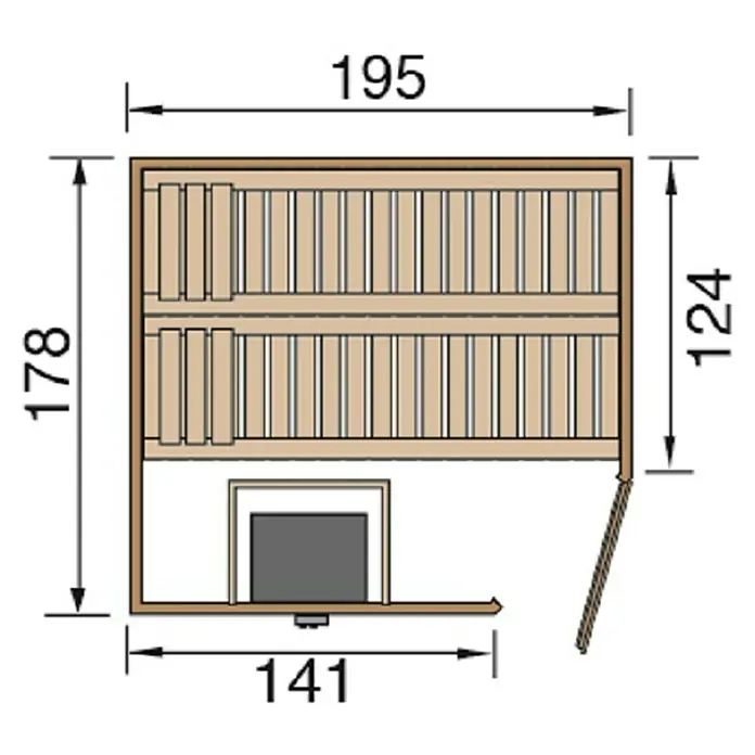 Weka Massivholzsauna Turku 1 GTF Sparset - Bioofen, Steuerung Ofen: Extern, Mit Fenster, L x B x H: 178 x 195 x 205 cm - Draufsicht einer Sauna mit Abmessungen. Die Sauna verfügt über zwei Sitzbänke und einen Ofenbereich. Die Maße sind in Zentimetern angegeben.