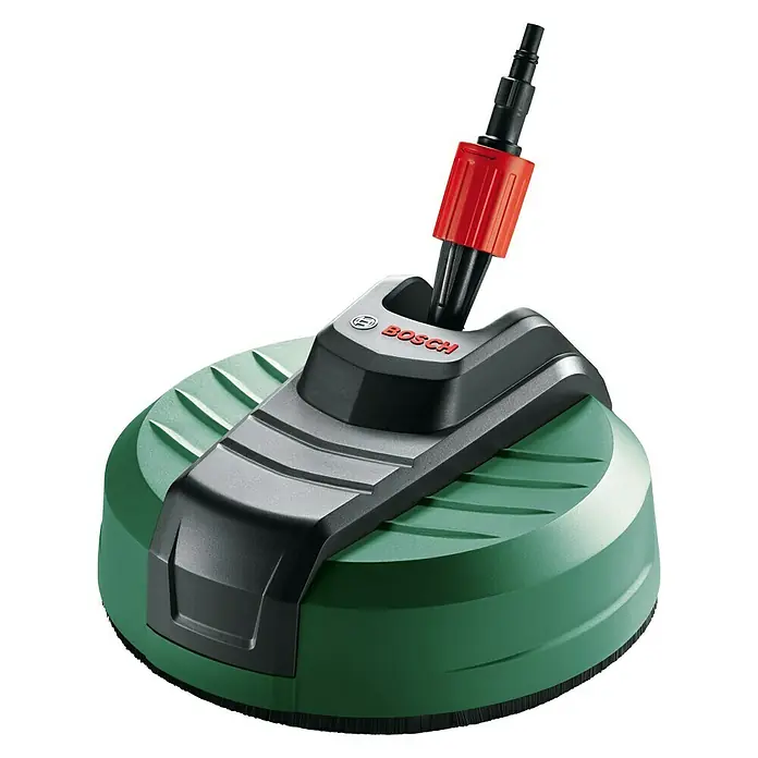 Bosch Terrassenreiniger Aquasurf 280 - Durchmesser: 280 mm - Das Bild zeigt einen Bosch AquaSurf 250 Terrassenreiniger mit grünem Gehäuse und schwarzem Aufsatz. Er ist ideal für die Reinigung von Terrassen.