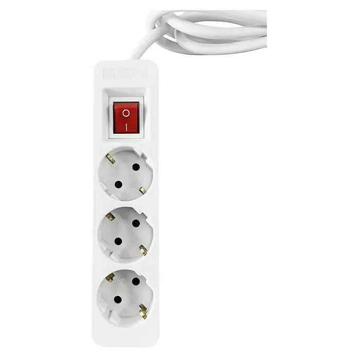 Voltomat Steckdosenleiste - 3-fach, Weiß, Kabellänge: 2 m, Mit Schalter - Steckdosenleiste mit drei Steckdosen, rotem Schalter und weißem Kabel. Ideal für den Einsatz im Haus oder Büro.