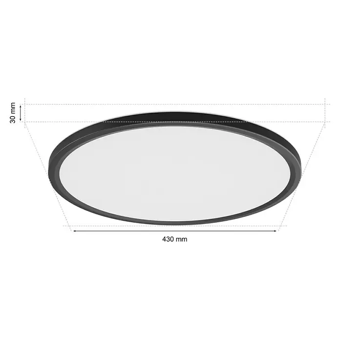 Philips Hue LED-Panel rund White & Color Ambiance Tento M - 23 W, Ø x H: 42,1 x 3,07 cm, Schwarz, RGBW - Eine Nahaufnahme einer runden Deckenleuchte mit einer Höhe von 30 mm und einem Durchmesser von 430 mm, ideal für moderne Innenräume.