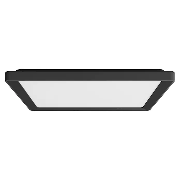 Philips Hue LED-Panel White Ambiance Tento M - 15,4 W, L x B x H: 39,5 x 39,5 x 3,7 cm, Schwarz, Mehrfarbig - Diese Nahaufnahme zeigt eine moderne quadratische Deckenleuchte mit einem schlanken, dunklen Rahmen und einem hellen, diffusen Paneel.