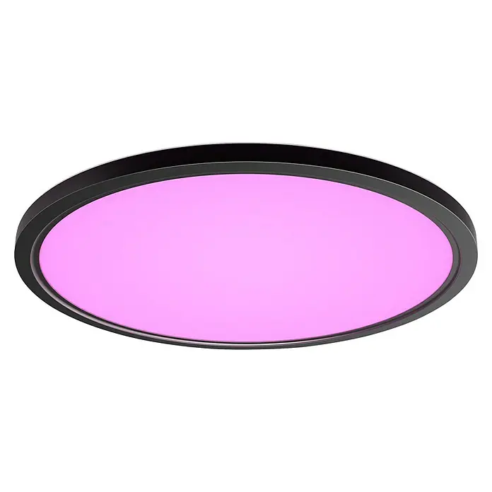 Philips Hue LED-Panel rund White & Color Ambiance Tento XL - 25 W, Ø x H: 54,2 x 3,56 cm, Schwarz, RGBW - Eine moderne LED-Deckenleuchte mit einem schlanken, schwarzen Rahmen und einem leuchtend rosa Licht, das eine gemütliche Atmosphäre schafft.