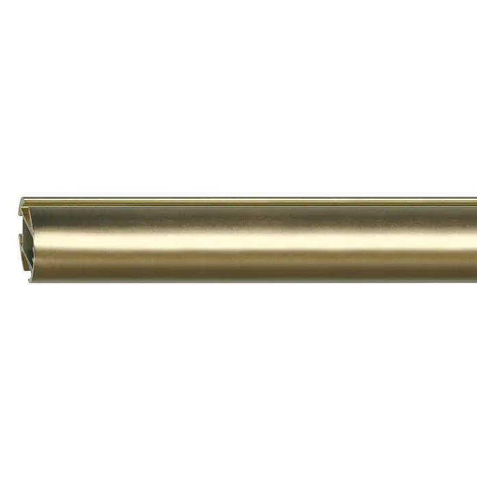 Gardinenprofil - Länge: 240 cm, Messingoptik matt, Durchmesser: 25 mm - Nahaufnahme einer goldenen Gardinenstange mit glatter Oberfläche und seitlichen Rillen für eine einfache Installation.