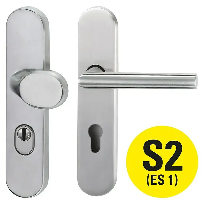 Diamond Doors Modern Schutzbeschlag warrior Schildgarnitur - Wohnungsabschlusstür, Stärke Tür: 35 mm - 45 mm, Edelstahl matt, Knopf außen, Drücker innen, DIN 18257 ES1 - Türgriff-Garnitur aus Edelstahl mit Langschild und Drehknauf, inklusive Schlüsselloch und gelbem S2-Aufkleber für das Zubehör.