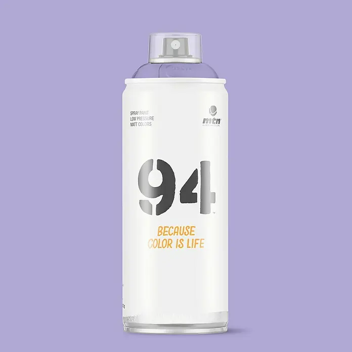 mtn Pintura decorativa en spray 94 - Violeta comunidad, Mate, 400 ml - Primer plano de un aerosol MTN 94 en un delicado color lila. Ideal para proyectos de arte, con baja presión y colores mate para resultados precisos.