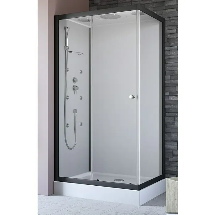 GEO Fix Komplettdusche - 80 x 110 x 215 cm, Weiß/Schwarz - Ein moderner Duschtempel mit einer schwarzen Umrandung, die das schlichte Design hervorhebt und die Dusche elegant wirken lässt.