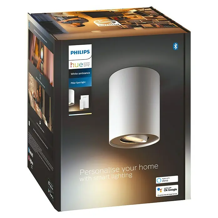 Philips Hue LED-Deckenstrahler White Ambiance Pillar - 4,2 W, L x B x H: 10,3 x 10,3 x 12 cm, Weiß, Neutralweiß - Die Verpackung einer Philips Hue White Ambiance Pillar Spot Light, die intelligente Beleuchtung für ein personalisiertes Zuhause verspricht.