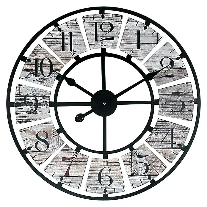 Wanduhr - Durchmesser: 60 cm, Beige - Eine rustikale Wanduhr mit einem schwarzen Metallrahmen und einem Zifferblatt im Holzplanken-Design mit großen Ziffern.