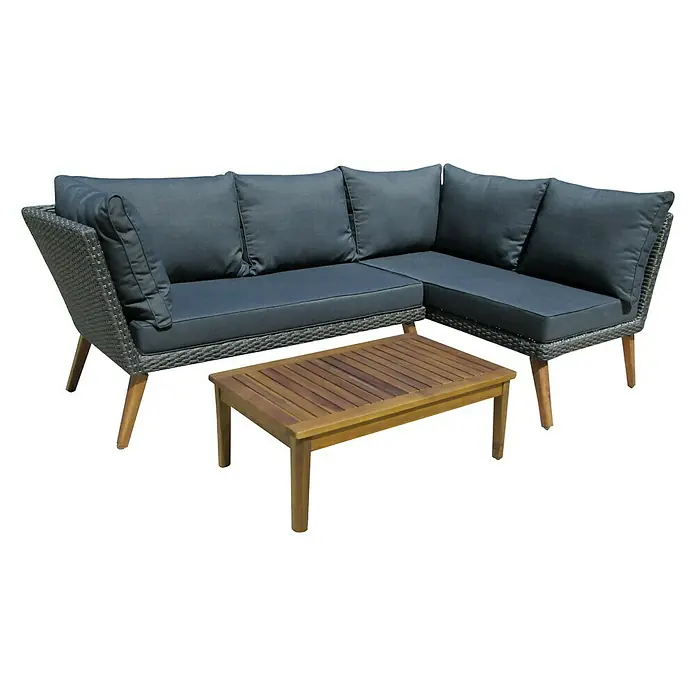 Sunfun Loungemöbel-Set Maren - 3 -tlg., Akazie/Polyrattan/Aluminium, Grau, Braun, Blau - Stilvolles graues Garten-Lounge-Set mit großzügigen Polstern und passendem Holztisch für entspannte Stunden im Freien.