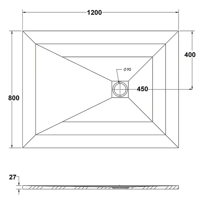 Ottofond Duschwanne Rosario - L x B: 120 x 80 cm, Weiß - Abbildung einer Duschwanne mit den Maßen 1200x800mm und einer Höhe von 27mm. Der Durchmesser des Ablauflochs beträgt 90mm.