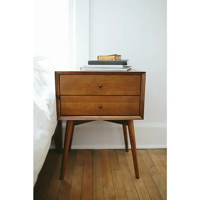 Libéron Tinte para madera acrílico paleta rústica - Wengué, 250 ml - Elegante mesita de noche de madera con dos cajones y patas delgadas. Perfecta para cualquier dormitorio, ofrece almacenamiento y espacio extra.