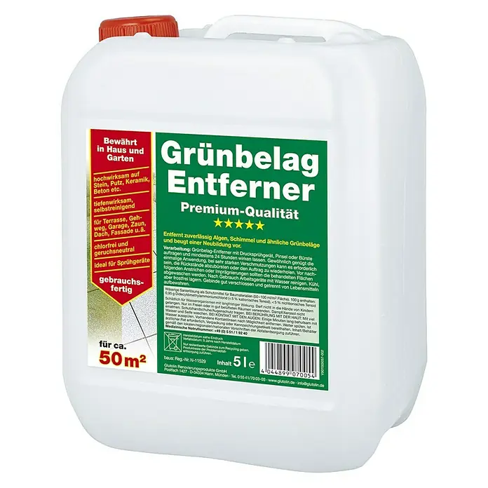 Grünbelag-Entferner5 l, Farblos - Bild eines 5-Liter-Kanisters Grünbelag Entferner Premium-Qualität, ideal für die Anwendung im Haus und Garten.
