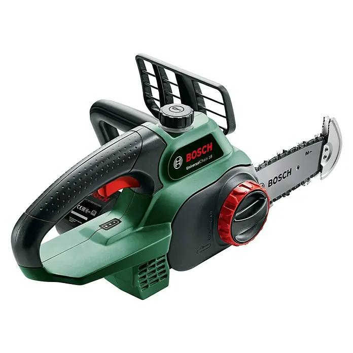 Bosch Power for All 18V Akku-Kettensäge UniversalChain 18 - 18 V, Li-Ionen, Ohne Akku, Schwertlänge: 20 cm - Abbildung einer Akku-Kettensäge UniversalChain 18 von Bosch mit grünen und schwarzen Elementen.