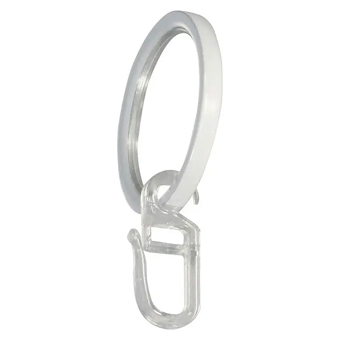 Expo Ambiente Flachring - Weiß, Geeignet für: Gardinenstangen Ø 20 mm, 10 Stk. - Nahaufnahme eines weißen Gardinenrings mit Kunststoffhaken, ideal zum Aufhängen von Vorhängen an Gardinenstangen.