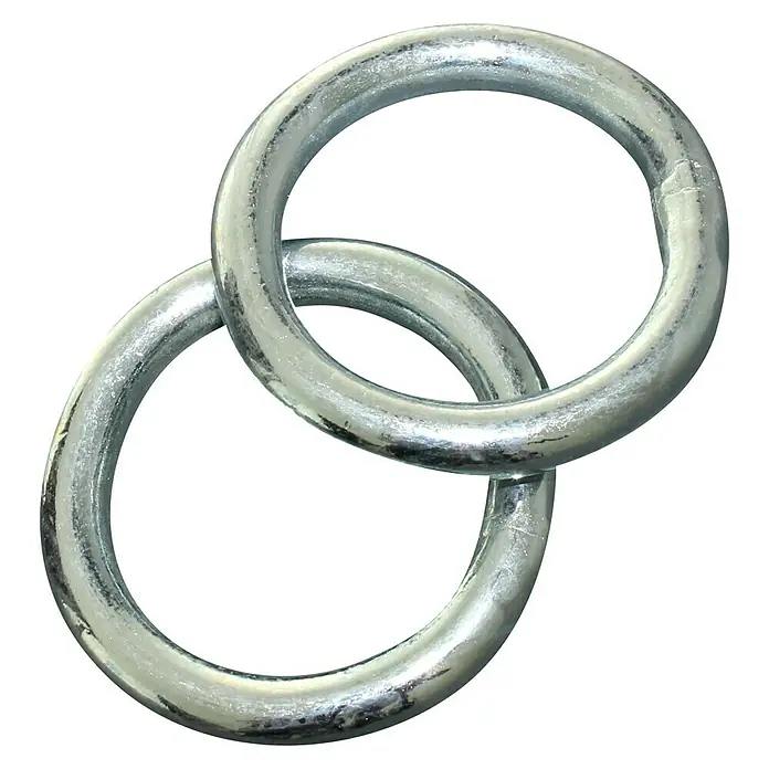 Stabilit SchaukelringBelastbarkeit: 220 kg, Durchmesser: 7 mm, 2 Stk. - Zwei miteinander verbundene, glänzende Metallringe auf schwarzem Hintergrund, ideal für Bauprojekte und industrielle Anwendungen.