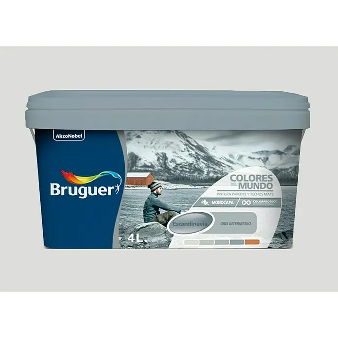 Bruguer Colores del Mundo Pintura para paredes - Escandinavia matiz gris, Mate, 4 l - Imagen del producto de un cubo de pintura Bruguer, color "Escandinavia Gris Intermedio", ideal para paredes y techos.