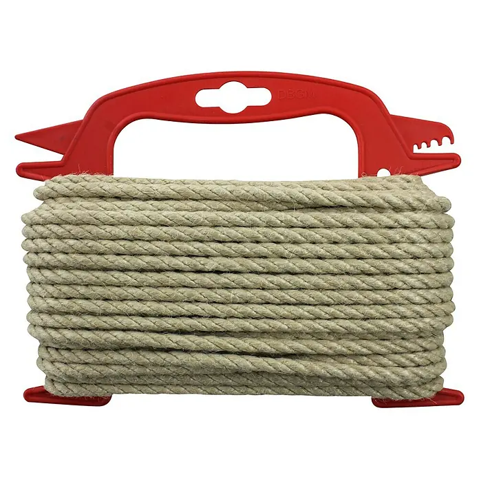 Stabilit Cuerda - 6 mm x 20 m, Plástico, Color cáñamo, Carga soportada: 45 kg - Enrollador con cuerda de yute. El enrollador es rojo, y la cuerda es marrón claro y está bien enrollada en el enrollador.