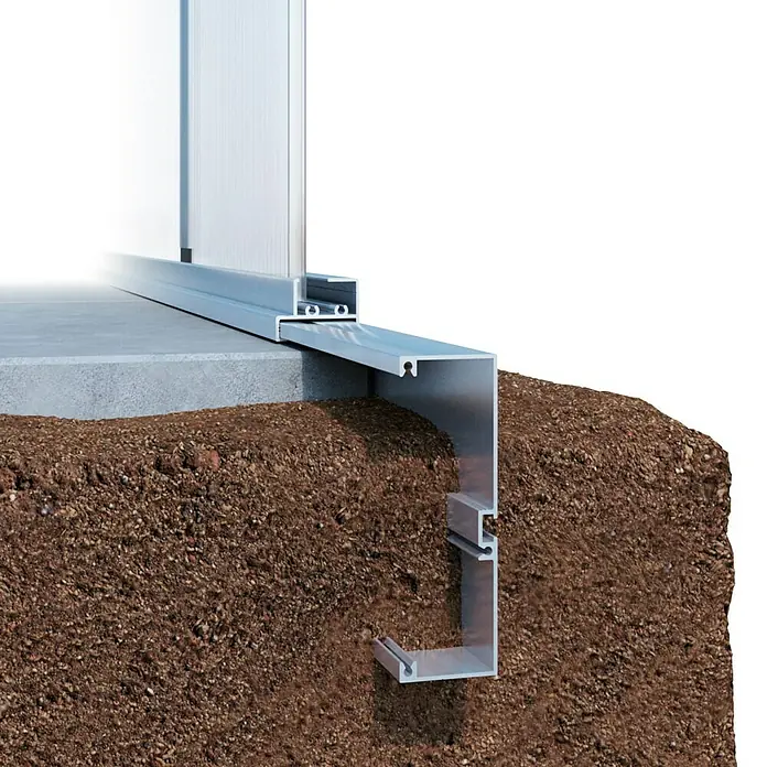 KGT Gewächshaus-Fundamentrahmen - 4,29 x 2,97 x 1,2 m, Passend für: KGT Gewächshaus Lilie IV - Nahaufnahme eines Fundamentsystems mit Aluminiumprofilen, das Stabilität und Schutz für Gebäude bietet.
