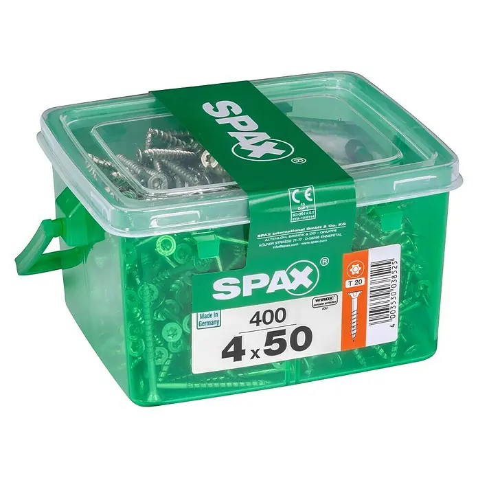 Spax Universalschraube T-Star plus - Ø x L: 4 x 50 mm, WIROX Oberfläche, T-Star plus, 400 Stk., Kunststoffbox - Eine transparente grüne Box mit SPAX-Schrauben 4x50, ideal für verschiedenste Befestigungsarbeiten im Innen- und Außenbereich.