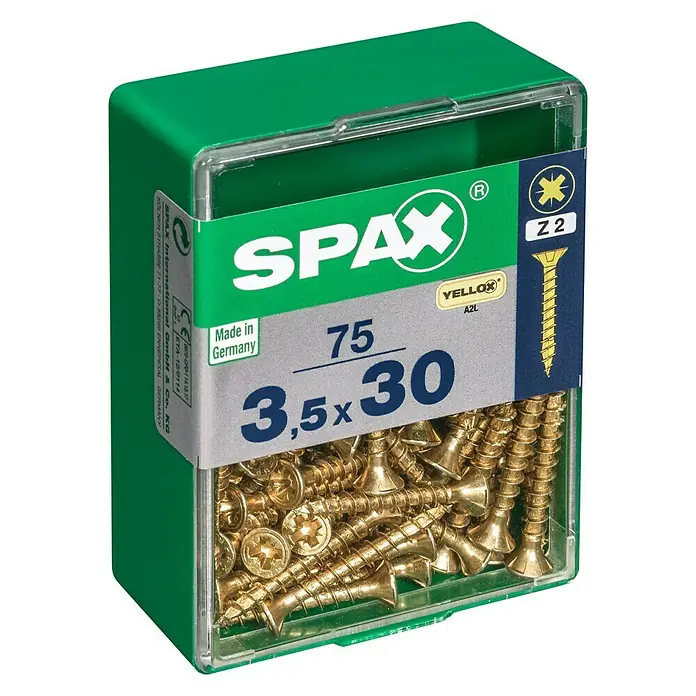 Spax Universalschraube - 3,5 x 30 mm, Vollgewinde, 75 Stk. - Eine grüne Packung SPAX Schrauben, Größe 3,5x30, mit gelbem YELLOX-Finish, ideal für diverse Befestigungsarbeiten.
