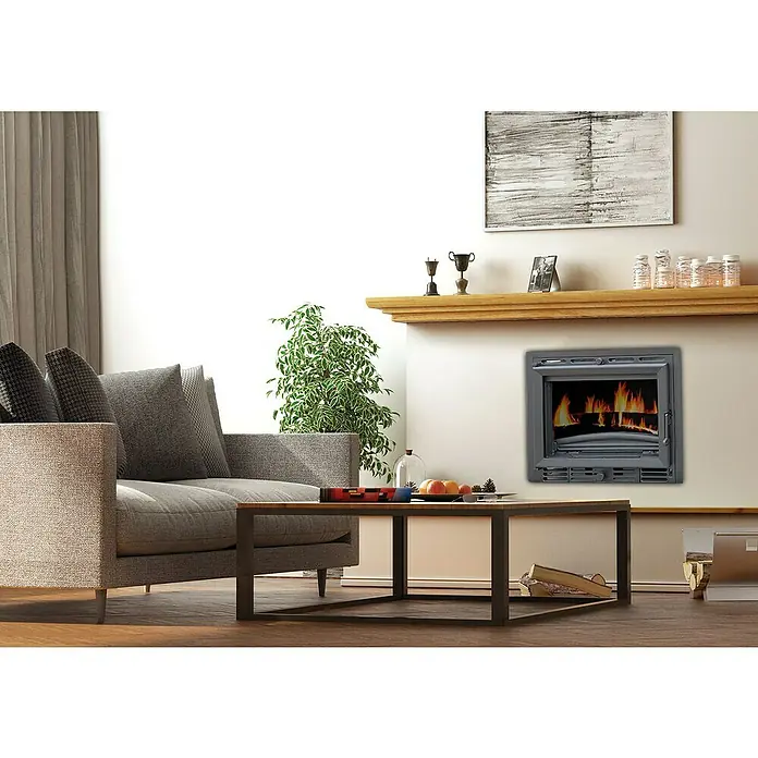 Hogar de leña 600 - L x An x Al: 40,5 x 58 x 55 cm, 8 kW, 200 m³, Antracita - Salón con una chimenea moderna, que agrega calidez y ambiente al espacio.