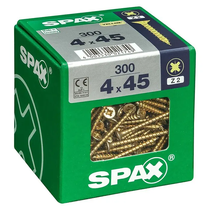 Spax Universalschraube - 4 x 45 mm, Vollgewinde, 300 Stk. - Eine grüne Schachtel Spax Schrauben, Größe 4x45, mit gelbem Schraubenkopf und dem Hinweis "Made in Germany".