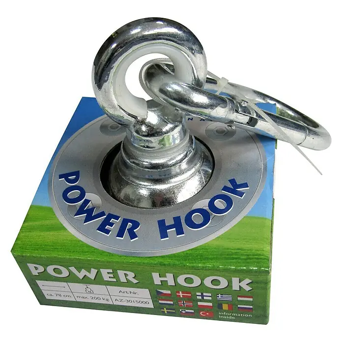 Amazonas Befestigung PowerhookBelastbarkeit: 200 kg - Das Bild zeigt einen Power Hook mit zugehöriger Verpackung, auf der Spezifikationen und Länderflaggen abgebildet sind.