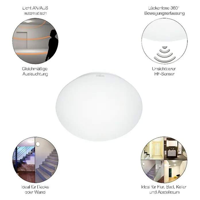 Steinel LED-Sensor-Deckenleuchte RS 16 LED S GLAS WW - 9,3 W, Weiß - Produktdarstellung einer weißen Steinel-Sensorleuchte, die sich ideal für Flur, Bad, Keller oder Abstellraum eignet und automatisch schaltet.