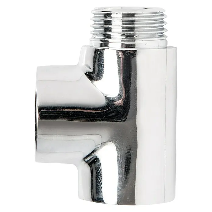 Ximax T-Stück - ½″, Chrom - Nahaufnahme eines verchromten T-Stücks für Sanitäranwendungen mit Gewindeanschluss, ideal für Wasserleitungen.