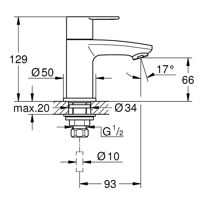 Grohe Eurostyle Cosmopolitan Kaltwasser-Standventil XS-Size - Chrom, Glänzend - Technische Zeichnung einer Armatur mit Maßangaben für Installation und Design, inklusive Höhe, Durchmesser und Winkel.