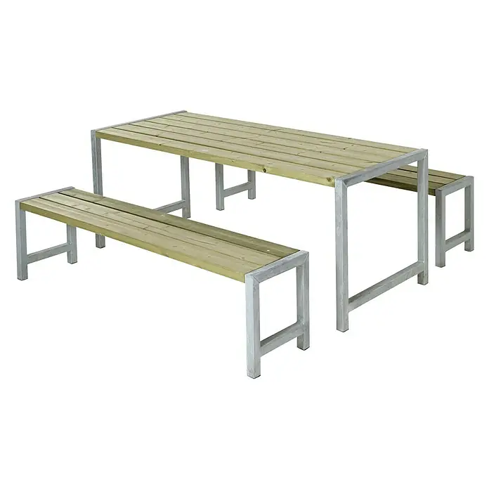 Plus Sitzgruppen-Set - 3 -tlg., Ohne Rückenlehne - Bild eines Gartentisches mit zwei Bänken, der aus Holz und Metall gefertigt ist. Ideal für den Außenbereich.