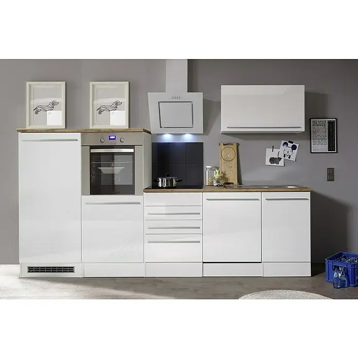 Respekta Premium Küchenzeile GabrielBreite: 290 cm, Weiß, Mit Elektrogeräten - Helle Küche mit weißen Schränken, integriertem Ofen und Dunstabzugshaube. Zwei Bilder mit Hunde Motiven schmücken die Küchenzeile.