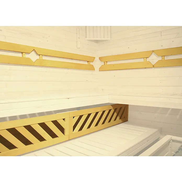 Weka Elementsauna Sara 2 - Bioofen, Steuerung Ofen: Extern, L x B x H: 244 x 194 x 199 cm - Innenansicht einer Sauna mit hellen Holzbänken und hölzernen Rückenlehnen für Komfort und Entspannung. Die traditionelle Bauweise sorgt für ein authentisches Saunaerlebnis.