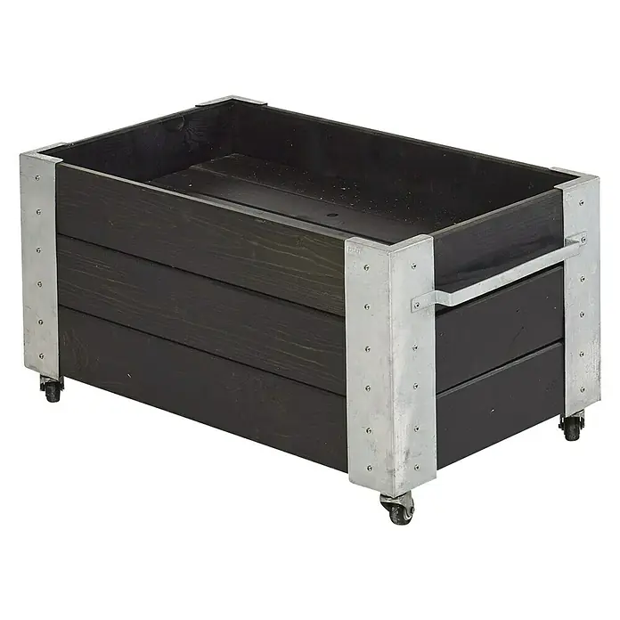 Plus Pflanzkübel eckig Cubic - 87 x 50 x 45 cm, Schwarz, Kiefer - Schwarzer Holzrollcontainer mit Metallakzenten, ideal für die Aufbewahrung und den Transport verschiedener Gegenstände.