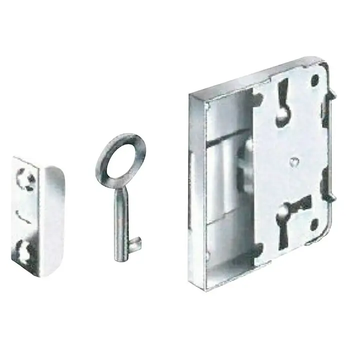 Suki Cerrojo con bloqueo - Medida de mandril: 20 mm, Niquelado - La imagen muestra un juego de cerradura para muebles, con un cuerpo de cerradura plateado, una llave y una placa para asegurar armarios o cajones.