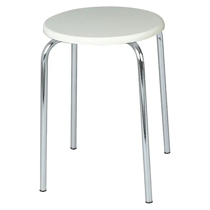 Taburete de baño - Blanco, Cromado, Redonda, Diámetro: 32 cm, Altura: 42,5 cm - Taburete redondo sencillo con asiento blanco y patas cromadas. Una opción de asiento práctica y elegante para varios entornos.