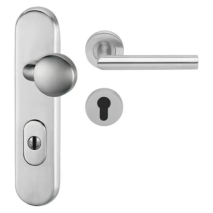 Diamond Doors Modern Schutzbeschlag Warrior L-Form - Wohnungsabschlusstür, Edelstahl matt, Knopf außen, Drücker innen, DIN 18257 ES1, Stärke Tür: 35 mm - 45 mm