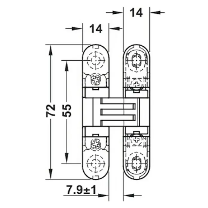 Stabilit Bisagra - L x An: 72 x 14 mm, Cromado/Blanco - Dibujo dimensionado de una bisagra para muebles. La bisagra se muestra detalladamente y con dimensiones.