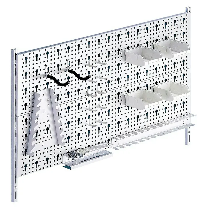 Element System Classic Lochwand-Set Organizer 2 - 2 x Stahllochplatten 80 x 20 cm, 2 x Wandschienen 50 cm, 19 verschiedene Werkzeughalter und Boxen, Montagematerial, 29 -tlg. - Lochwand mit Werkzeughaltern und Behältern. Praktisches Ordnungssystem für Werkstatt und Hobbyraum, ideal zur Aufbewahrung von Werkzeugen und Kleinteilen.