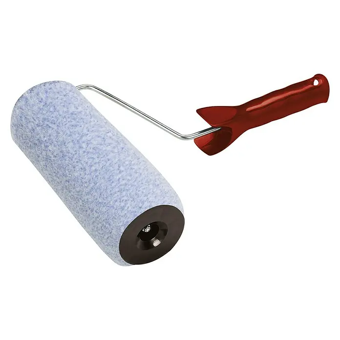 Rodillo de pintar Extraliso - Diámetro: 4,8 cm - Primer plano de un rodillo de pintura con una cubierta azul y un mango rojo, utilizado para pintar paredes o techos.