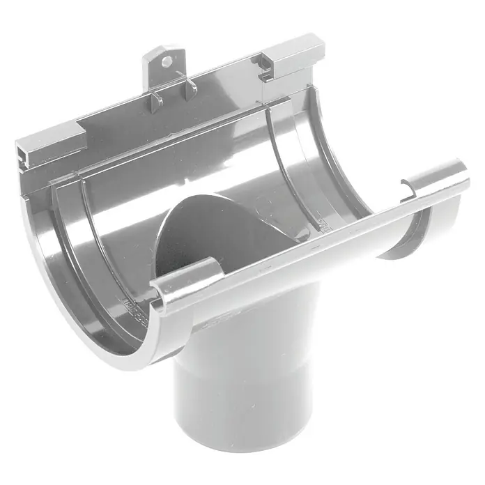 Dakota Conector de canalón G-125 - Anchura nominal: 125 mm, Plástico, Gris - Primer plano de un conector de canalón de plástico diseñado para canalizar eficazmente el agua de lluvia lejos de los edificios.