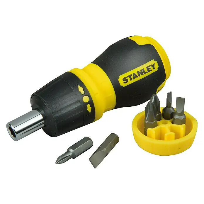 Stanley Destornillador Stubby - 7 pzs. - Destornillador de carraca Stanley con varias puntas y porta puntas amarillo para aplicaciones de atornillado versátiles.