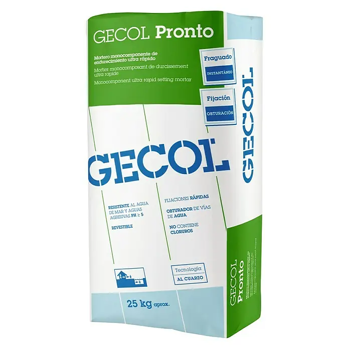 Gecol Mortero de reparación rápida Pronto - 25 kg - Imagen de un saco de GECOL Pronto, un mortero monocomponente de fraguado rápido ideal para reparaciones rápidas e instalaciones seguras.