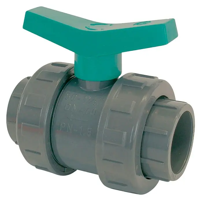 Válvula esférica de PVC presión - 20 mm - Válvula de bola de PVC gris con manija verde para controlar el flujo de fluidos en sistemas de tuberías.